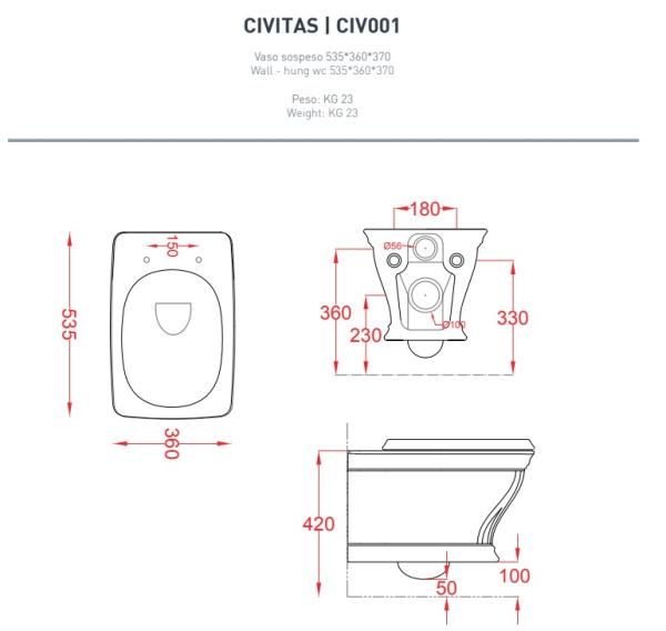 Artceram CIVITAS, závesné WC, základné farby, keramické, 37X36X53,5 cm, CIV001