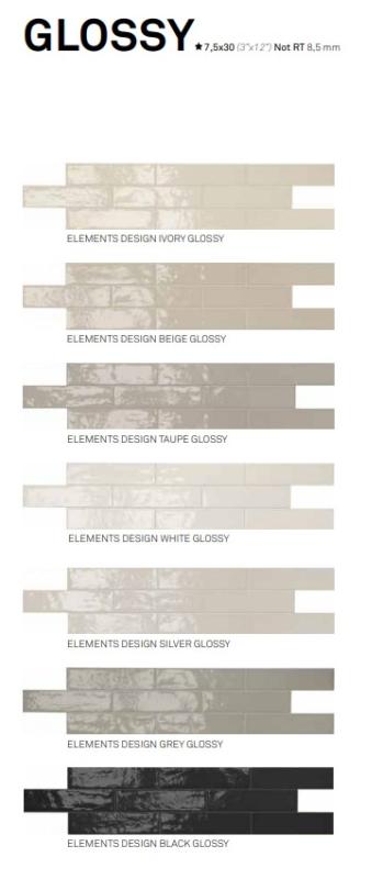 Keope ELEMENTS DESIGN Black, Silver, Taupe, White, obklad, 7,5X30cm, 8.5 mm, Glossy