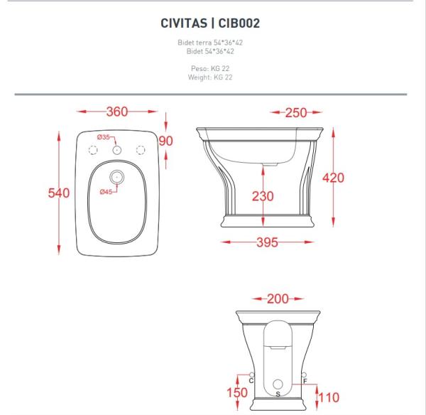 Artceram CIVITAS, stojaci bidet, 42X36X54 cm, keramický, lesklé farby, CIB002