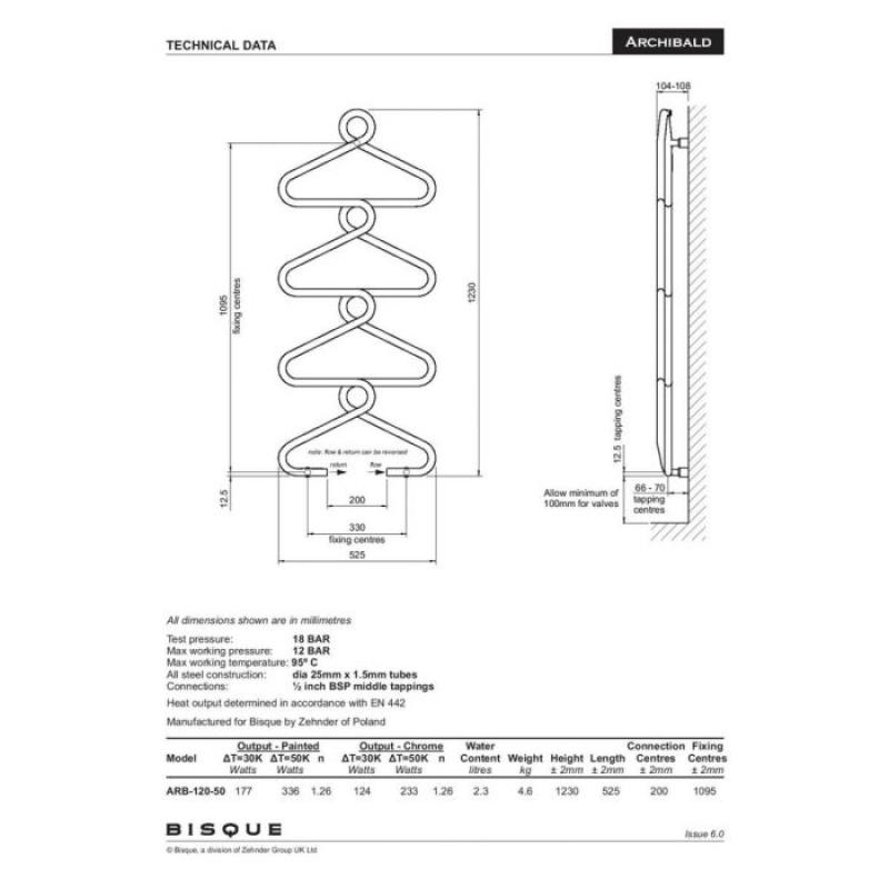 Zehnder ARCHIBALD 123x52,5cm  teplovodný/elektrický